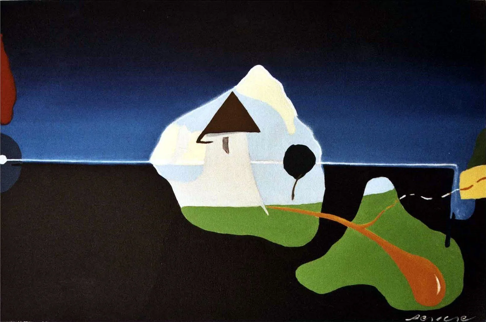 Princesa, de Peniche (óleo, 2002): paisaje nocturno surrealista con una montaña blanca, una casa, una esfera negra y una forma verde.