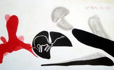 Proyección (Projection), by Peniche: two stylized black figures connected by a diagonal line, with a red dot, on a white background.