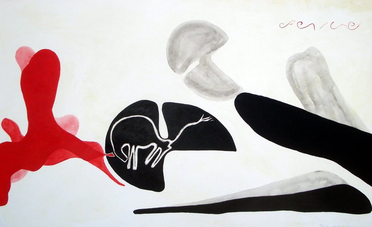 Generando pensamientos de una mujer consentida (Generating Thoughts of a Pampered Woman), by Peniche: a red shape, a black head with a white foetus drawn inside, and long grey and black forms on a white background.