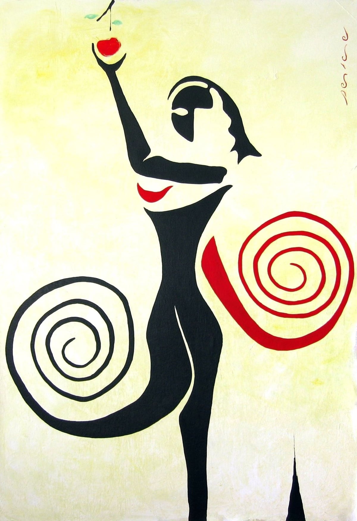 Recolectora (The Harvester), by Peniche: a standing black female figure raising a red apple, between a black spiral and a red one, on a light background.