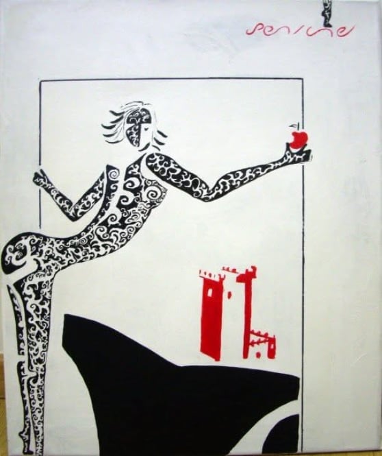 Saboreando el paisaje, de Peniche: figura femenina cubierta de arabescos negros que sostiene una manzana roja, junto a una torre roja sobre un acantilado negro, en fondo blanco.