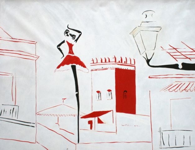 Santa Cruz, Sevilla, de Peniche: bailaora de falda roja sobre un poste, entre casas del barrio de Santa Cruz dibujadas con líneas rojas y una farola, sobre fondo blanco.