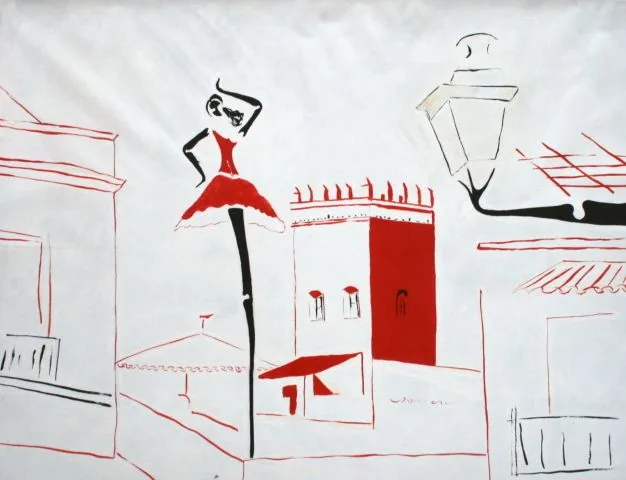 Santa Cruz, Sevilla, de Peniche: bailaora de falda roja sobre un poste, entre casas del barrio de Santa Cruz dibujadas con líneas rojas y una farola, sobre fondo blanco.