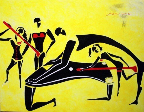 Sexilliard, by Peniche: black figures around a stylized billiard table, on a yellow background.