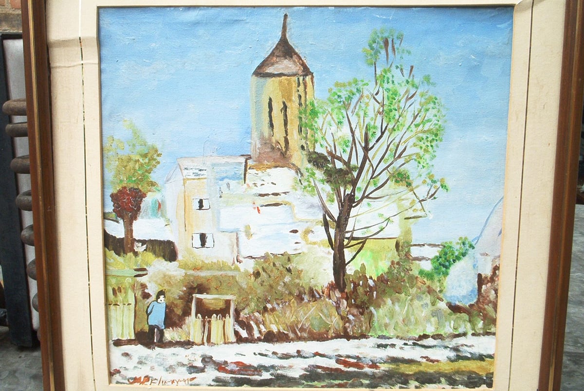 Sin título 1, obra anterior de Peniche: pueblo con iglesia, paisaje.