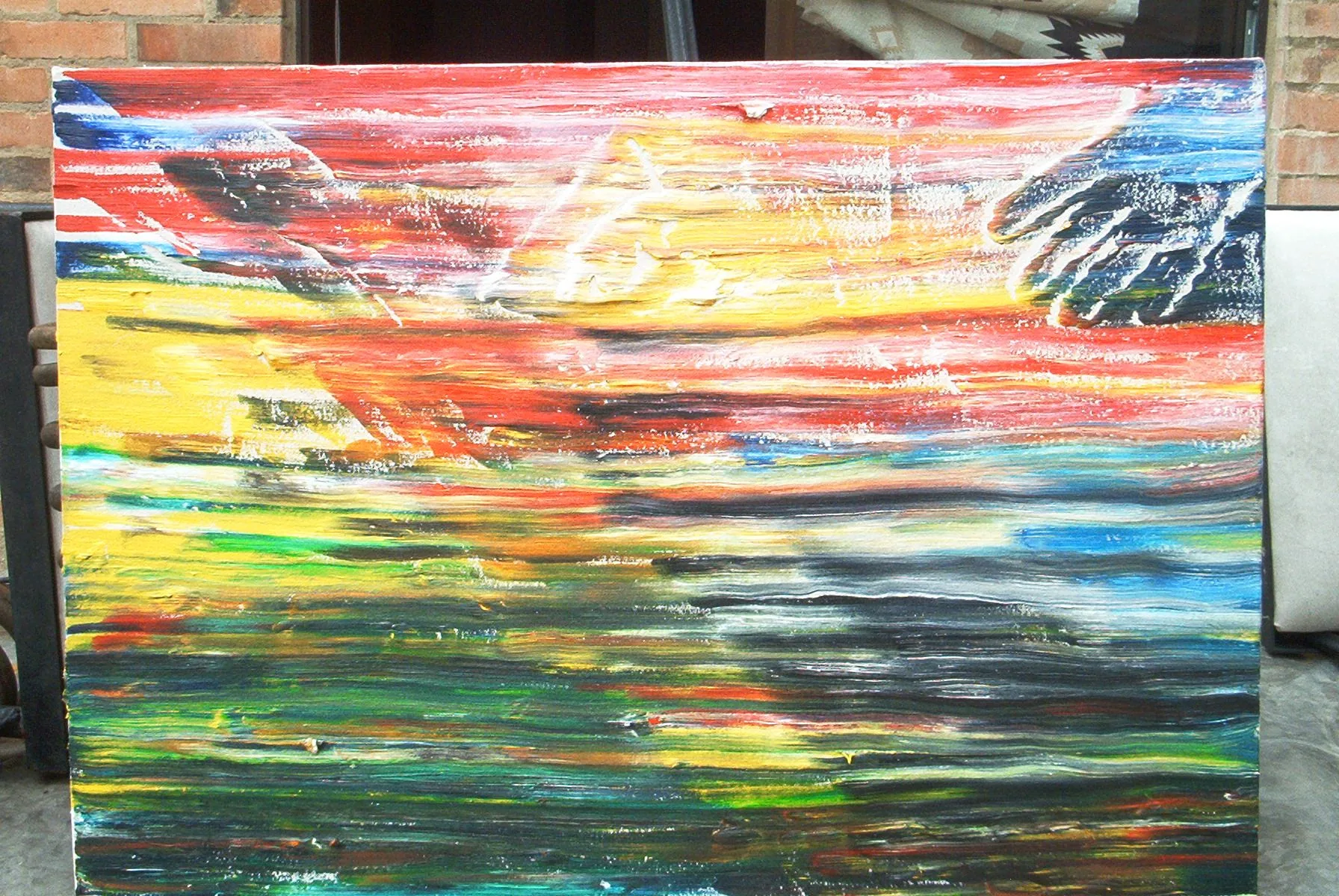 Sin título 3, obra anterior de Peniche: paisaje abstracto de atardecer en colores vivos.