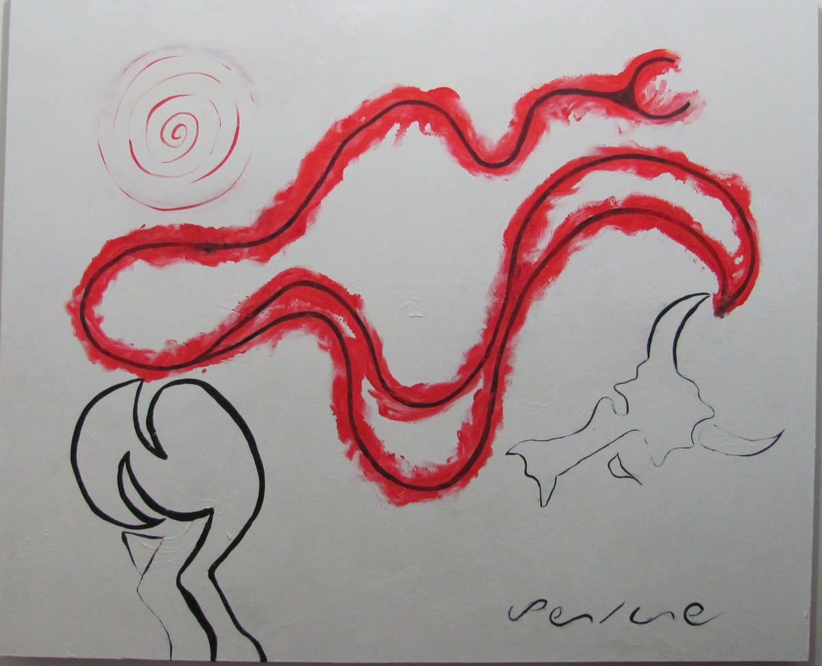 Sin título, de Peniche: cinta roja ondulante con una espiral y dos figuras esbozadas en blanco, sobre fondo blanco.