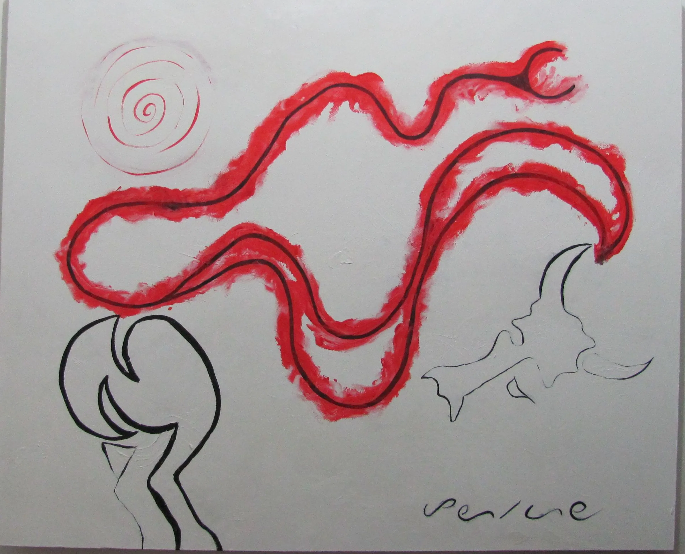 Sin título, de Peniche: cinta roja ondulante con una espiral y dos figuras esbozadas en blanco, sobre fondo blanco.