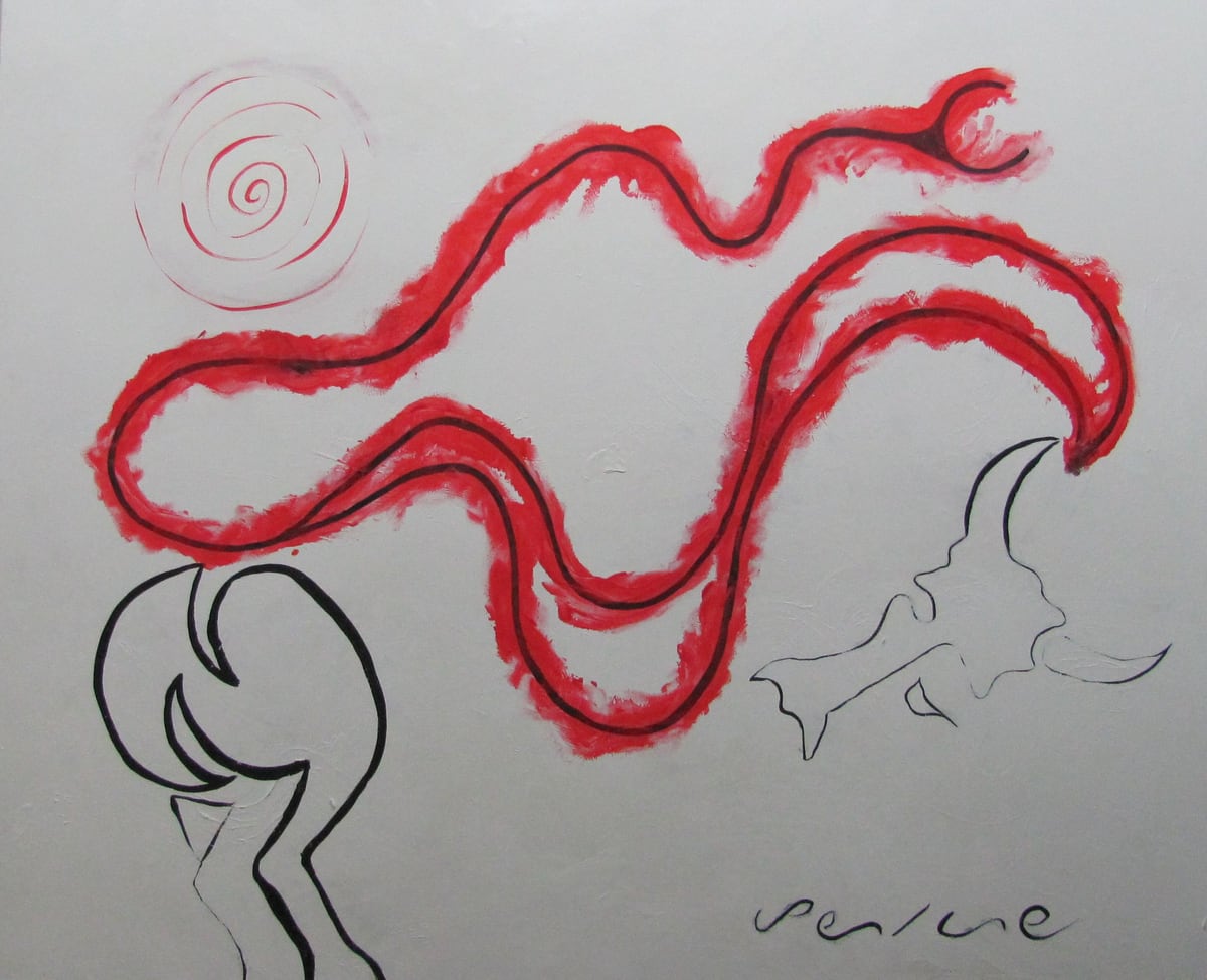 Sin título, de Peniche: cinta roja ondulante con una espiral y dos figuras esbozadas en blanco, sobre fondo blanco.