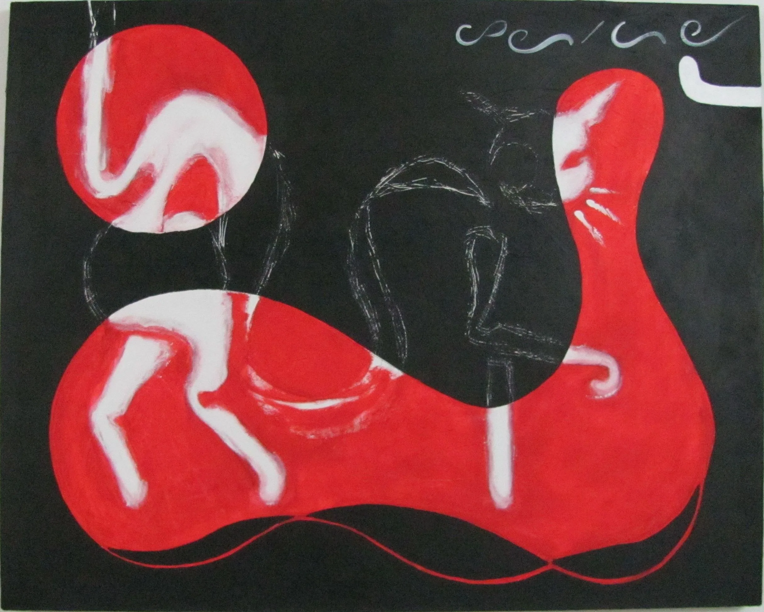 Sin título, de Peniche: formas rojas orgánicas y un círculo rojo con trazos blancos, sobre fondo negro, con una figura esbozada en blanco.