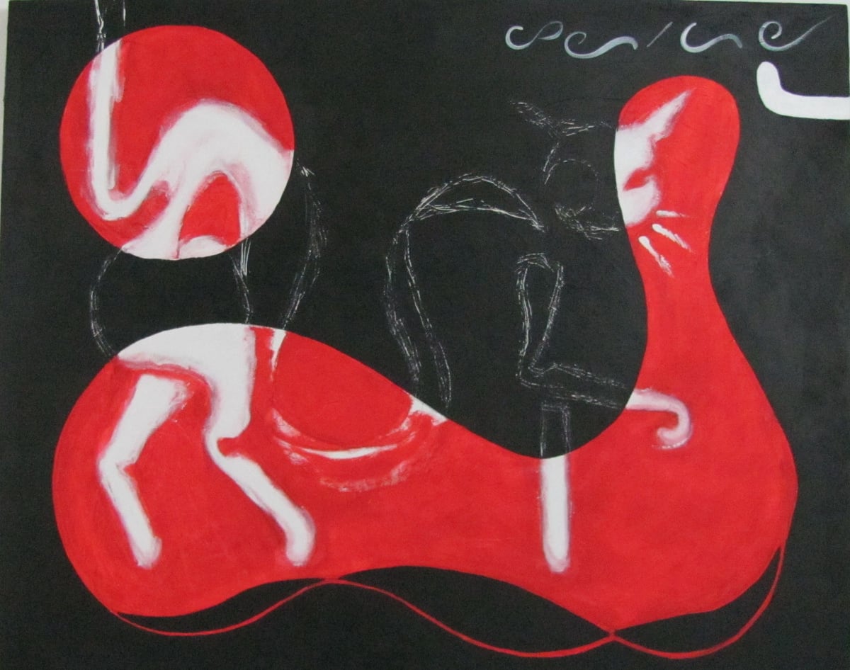 Sin título, de Peniche: formas rojas orgánicas y un círculo rojo con trazos blancos, sobre fondo negro, con una figura esbozada en blanco.
