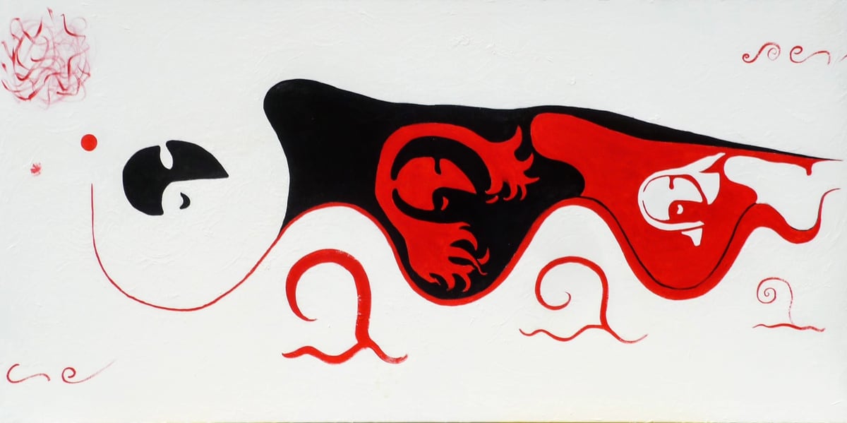 Sin título (ondas rojas), de Peniche: figura alargada negra y roja con un rostro blanco, sobre ondas rojas en fondo crema.