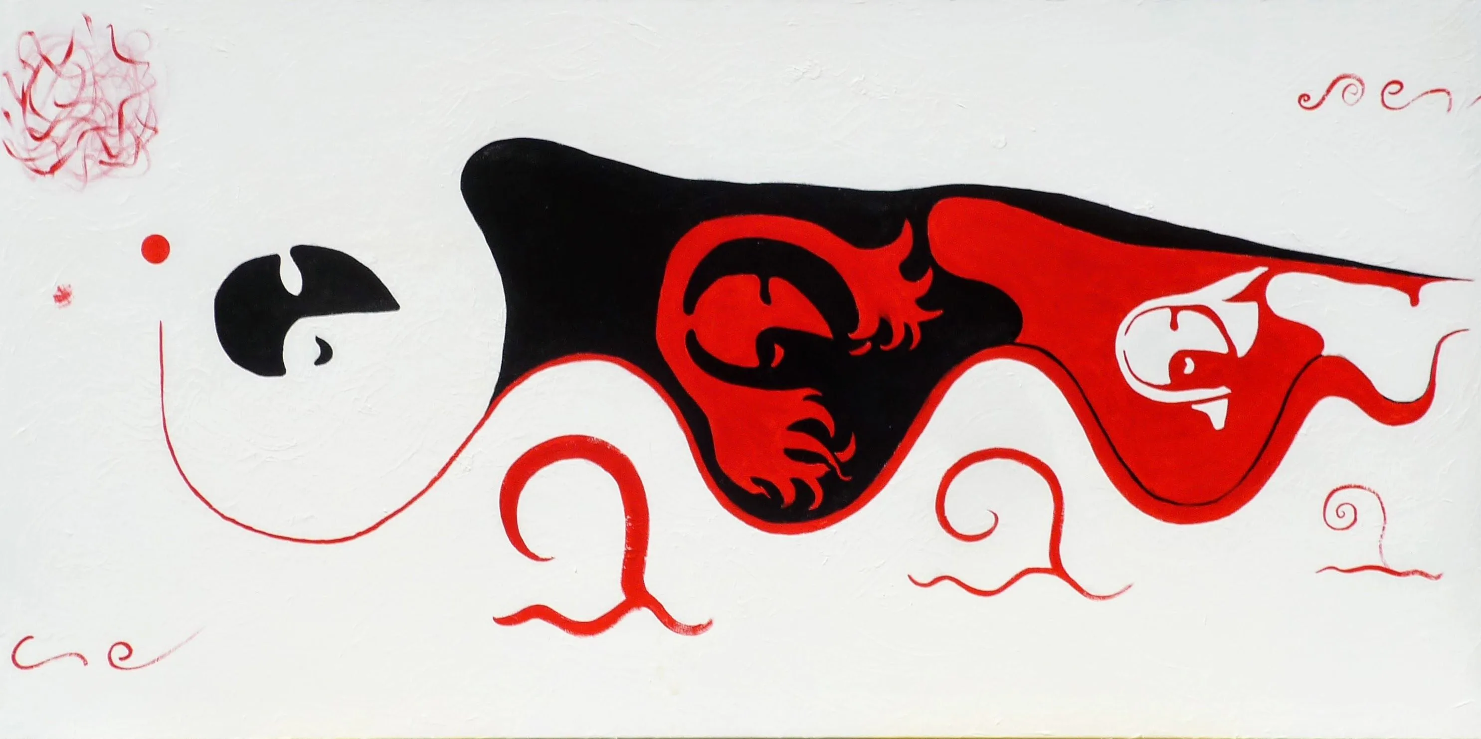Sin título (ondas rojas), de Peniche: figura alargada negra y roja con un rostro blanco, sobre ondas rojas en fondo crema.