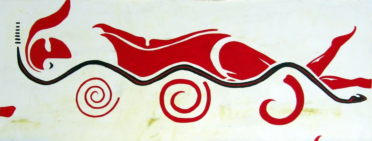 Tentación, de Peniche: figura roja ondulante en forma de serpiente con dos espirales, en formato horizontal alargado.