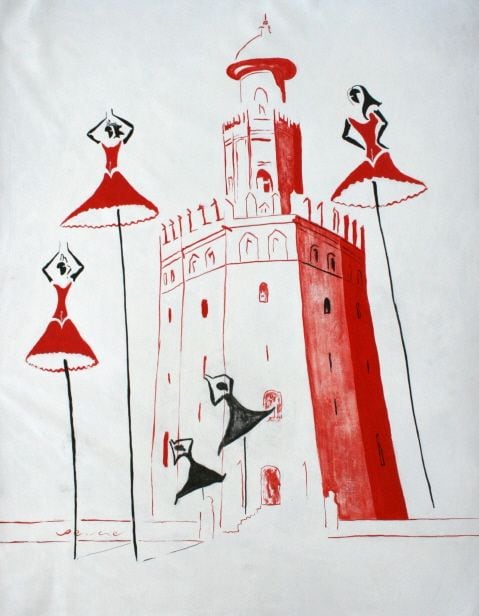 Torre del Oro, de Peniche: silueta roja de una torre con dos figuras bailando, sobre fondo blanco.