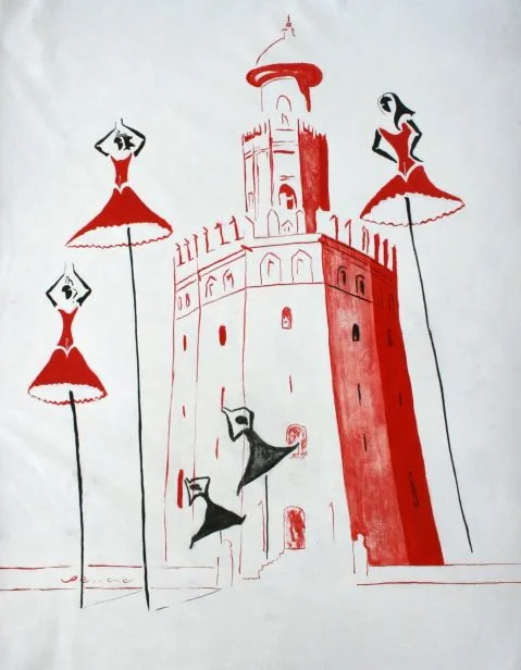 Torre del Oro, de Peniche: silueta roja de una torre con dos figuras bailando, sobre fondo blanco.