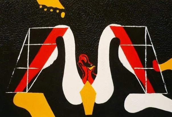 Torres KIO, Madrid (KIO Towers), by Peniche: the two leaning towers in red and white turned into two curving figures, with a red figure between them, on a black background.