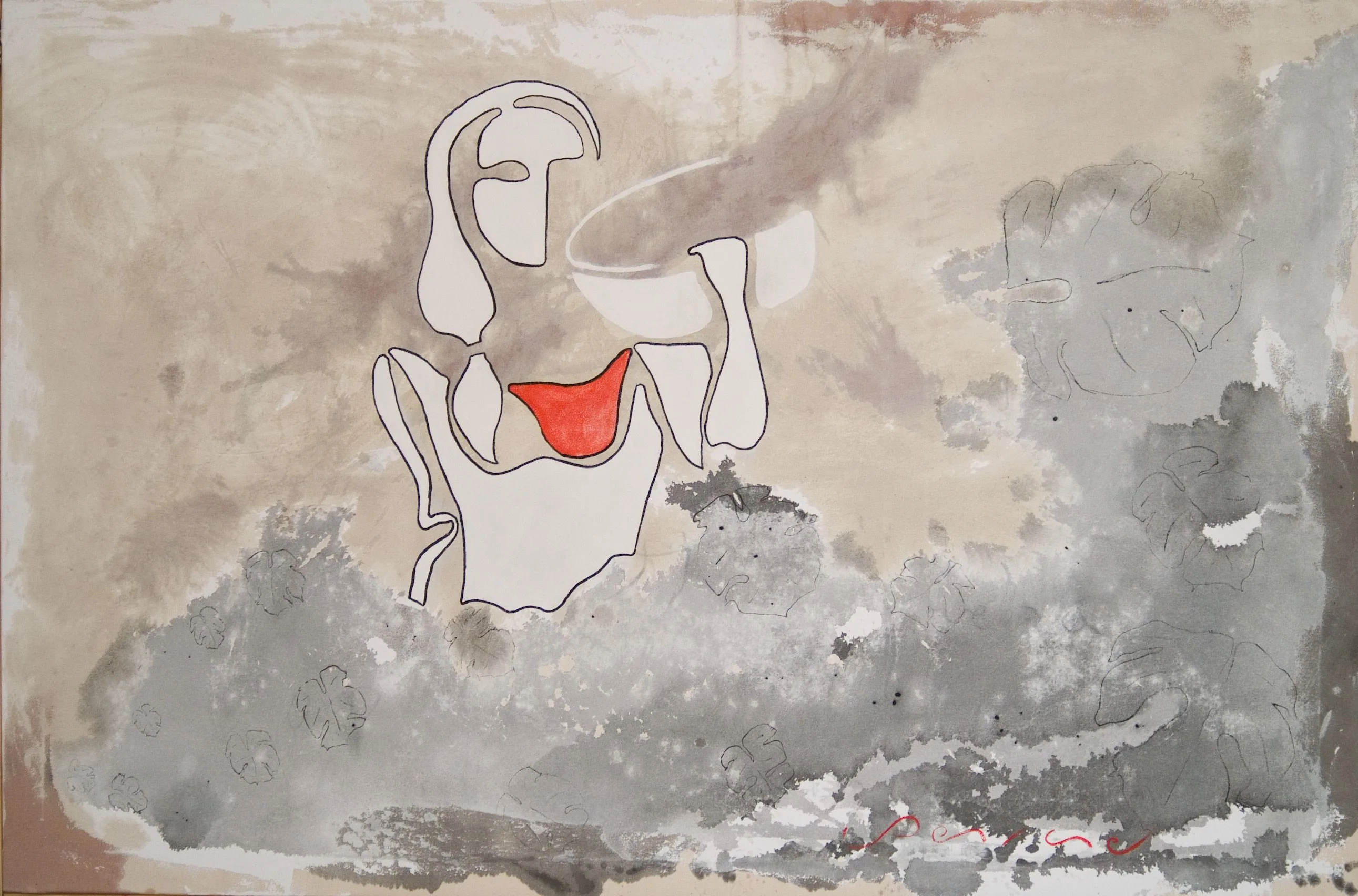 Vendimiadora, de Peniche: figura femenina estilizada sentada sobre una roca, con un elemento rojo circular, en tonos neutros y texturados.
