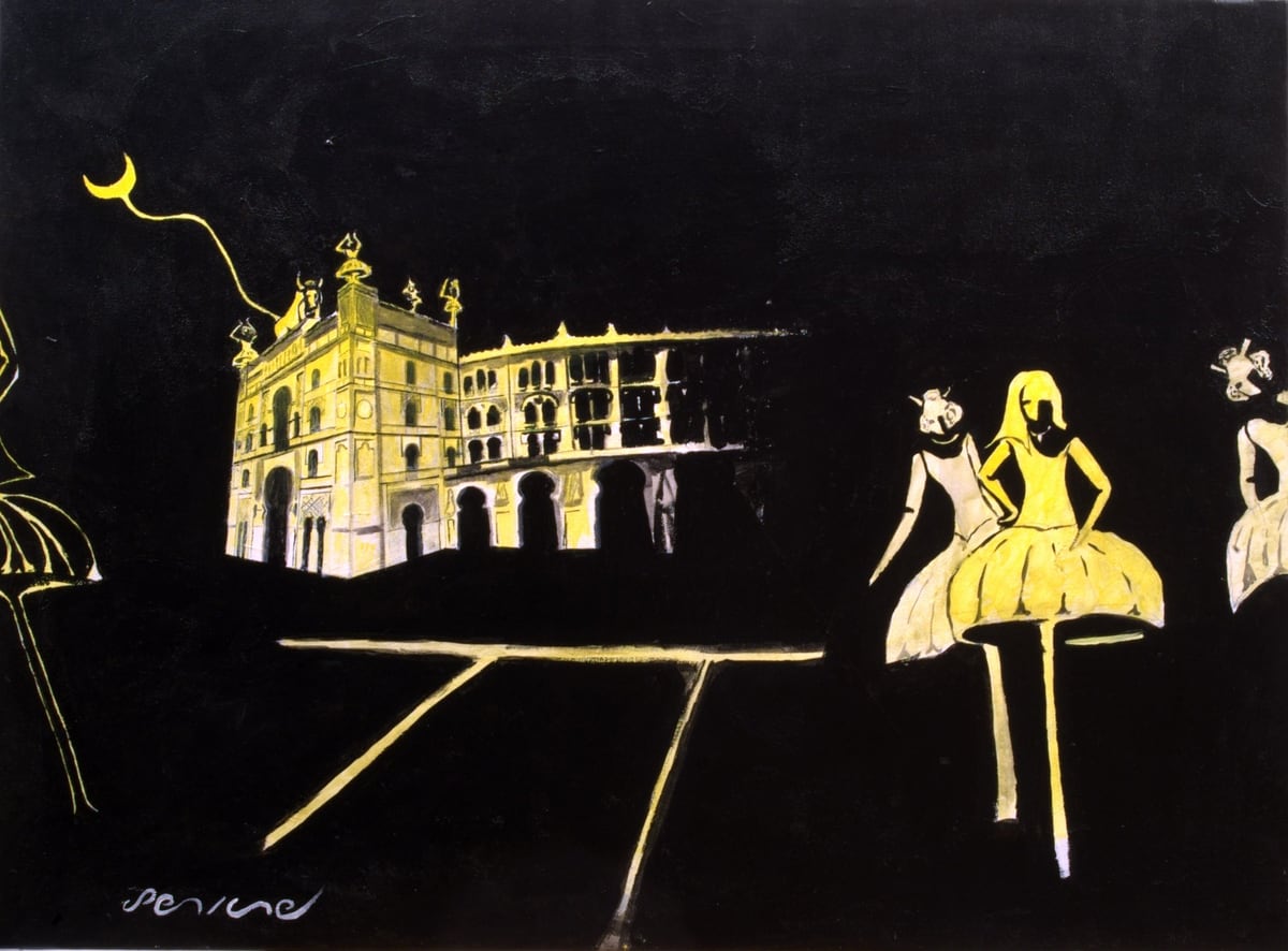 Ventas, Madrid, de Peniche: la plaza de toros de Las Ventas y bailarinas en amarillo sobre fondo negro.