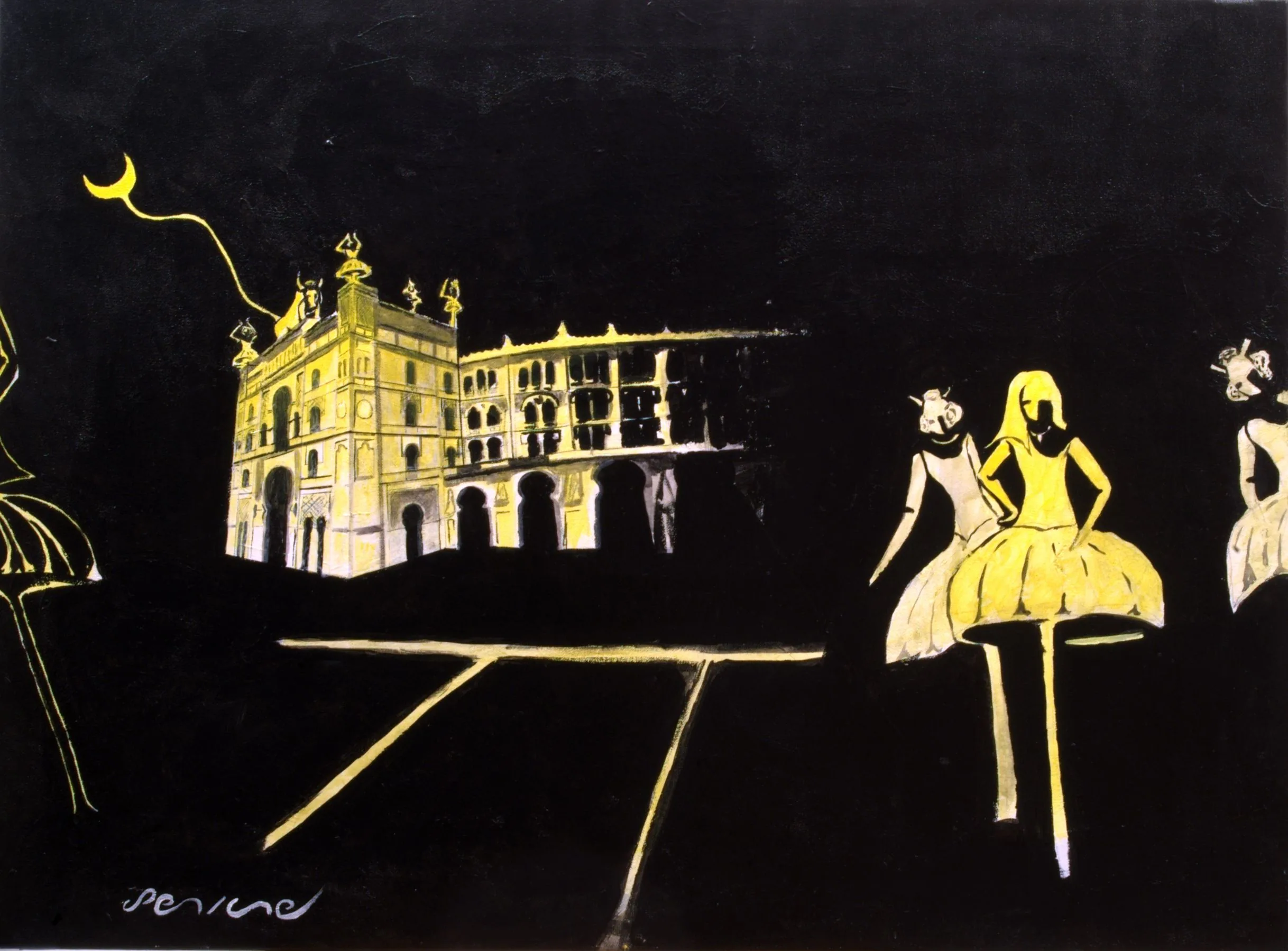 Ventas, Madrid, de Peniche: la plaza de toros de Las Ventas y bailarinas en amarillo sobre fondo negro.